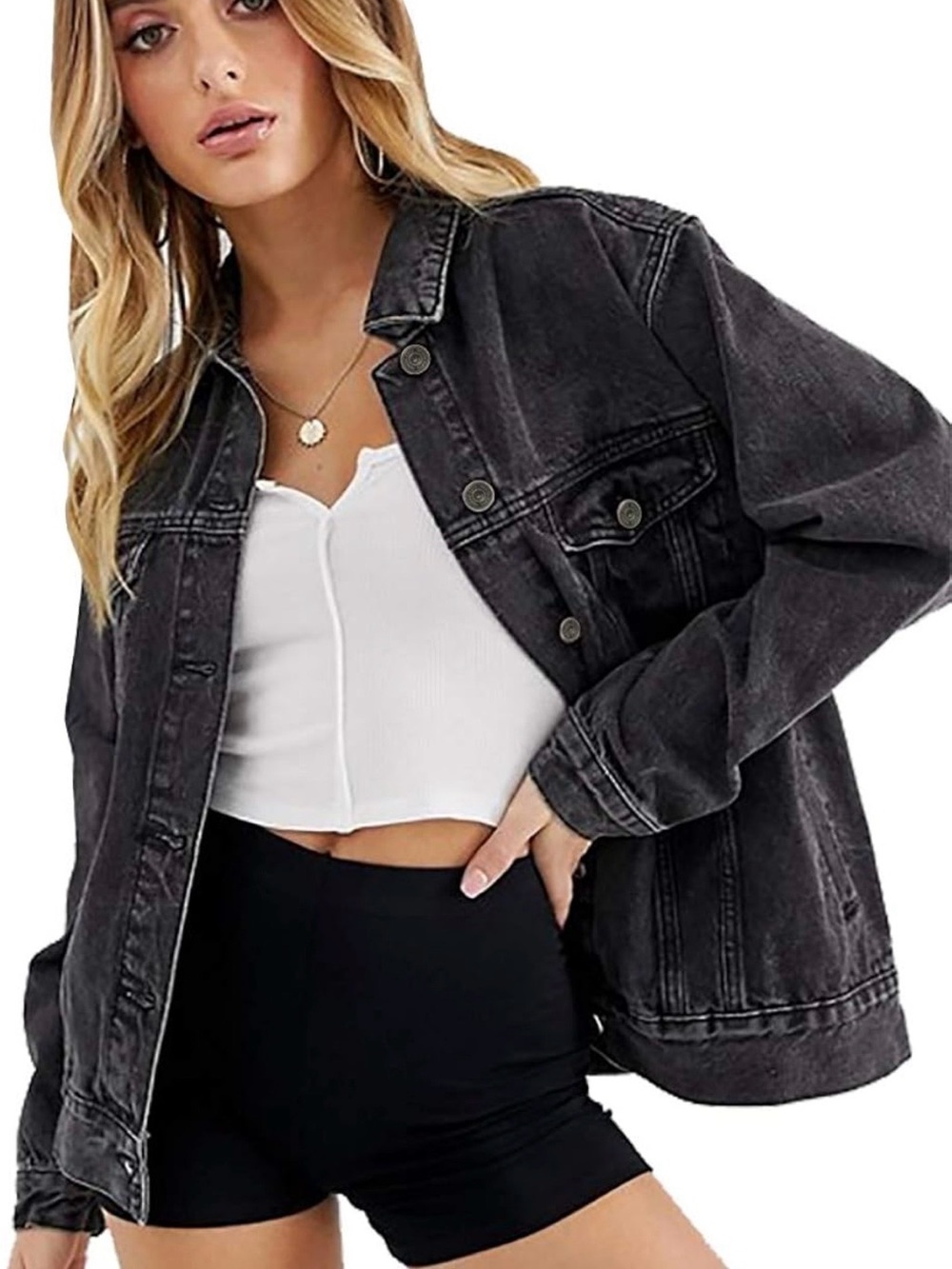Tsher Women's Oversize Vintage Washed Denim Classic Trucker Jacket
